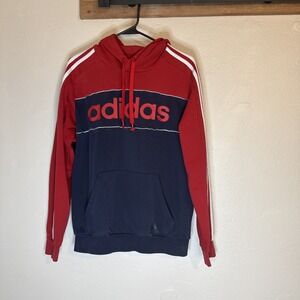 Adidas Pullover Hoodie Red White Blue 3 Stripe Sleeve Spellout Outdoors Men Med